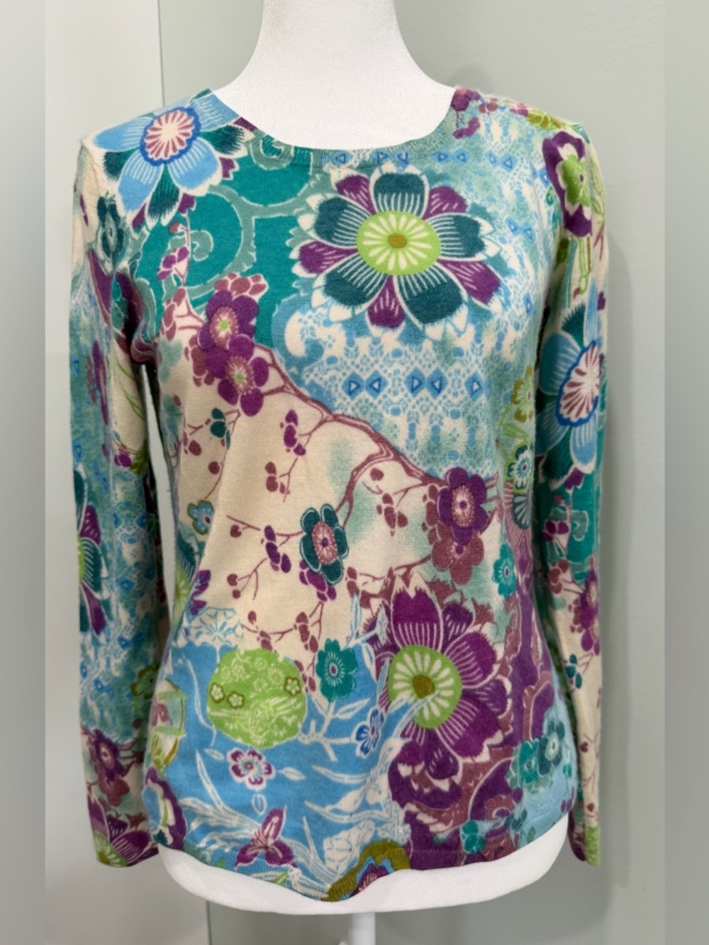 VTG Talbots Pure Cashmere Pullover Sweater Modern Floral Print Size Small Luxury